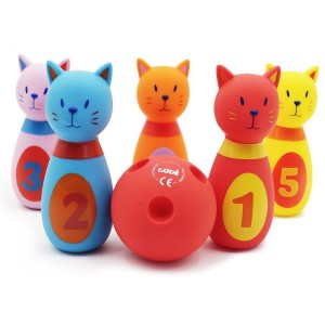 Ludi Quilles En Forme De Chats En Plastique – à Partir De 10 Mois – Lot De 6 Quilles Avec Boule Jouet D’adresse évolutif