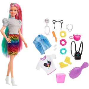 Poupée Barbie à cheveux arc-en-ciel léopard
