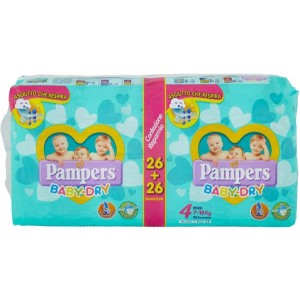 Bipack Pannolini Pampers Baby Dry Maxi 7-18 Kg Misura 4 (52pz)