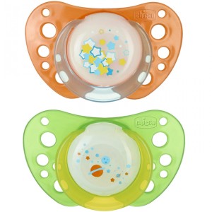Chicco Sucette Physio Air Silicone Boîte Stérilisable X2 Phosphorescent 4m+ Vert Et Orange